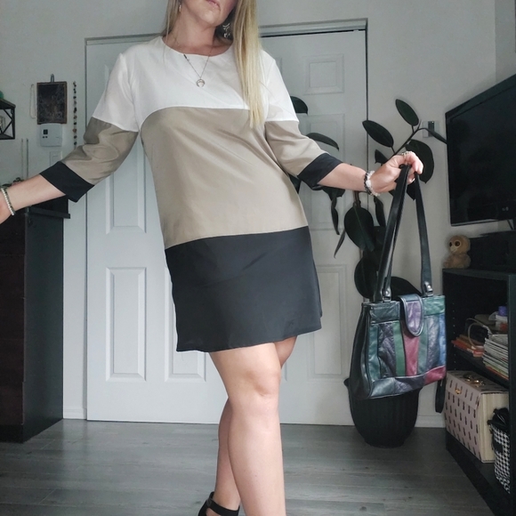 NEUTRAL TONED COLORBLOCK CLASSIC DRESS - Picture 5 of 10